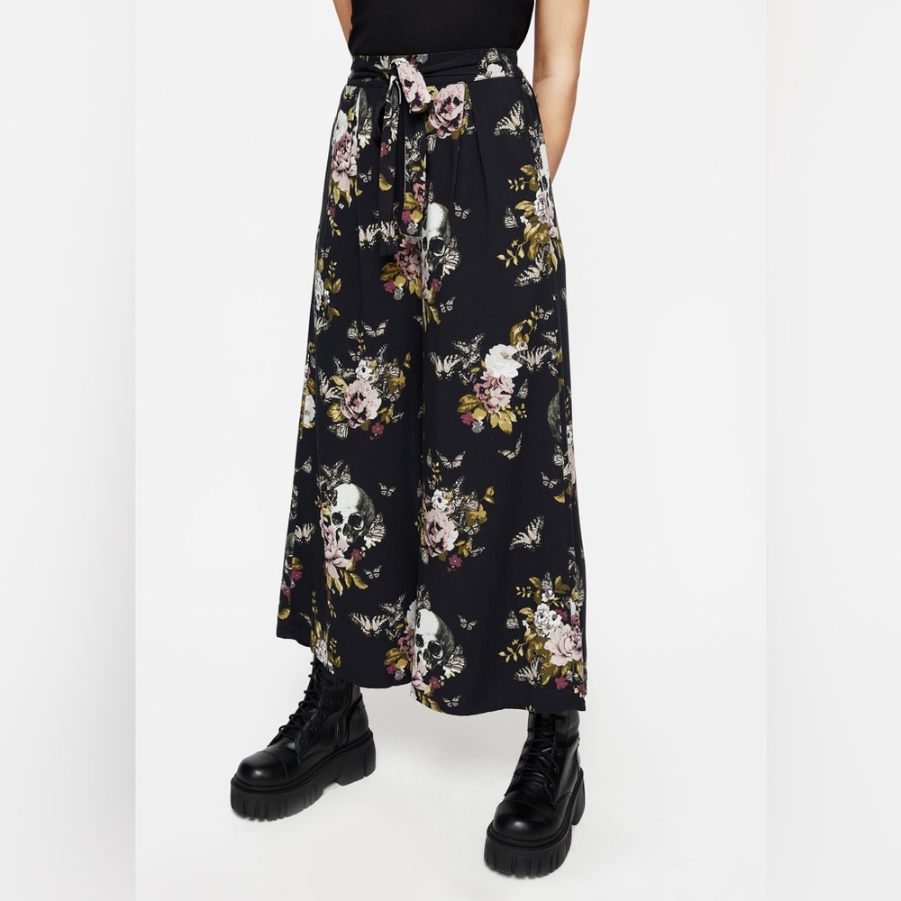 Disturbia Revival Floral Wide Leg Culotte Trousers S4 with gothic skull pattern